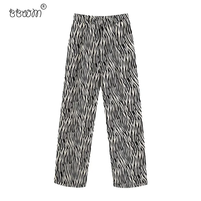 Kvinnor Chic Zebra Pattern Print Straight Pants Vintage Kvinna Hög Midja Zipper Fly Ankel Trousers Pantalones Mujer 210520