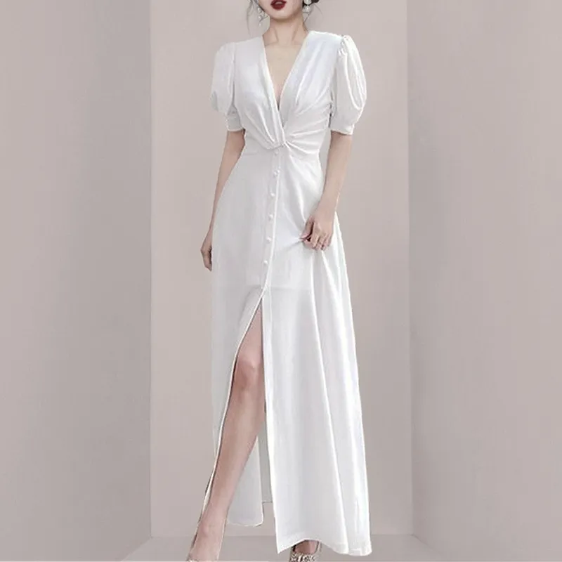 Eleganckie eleganckie jednopierierskie kobiety Długa sukienka z rękawem puffem Kobieta Sexy Split Vestidos Fashion Summer ES 210520