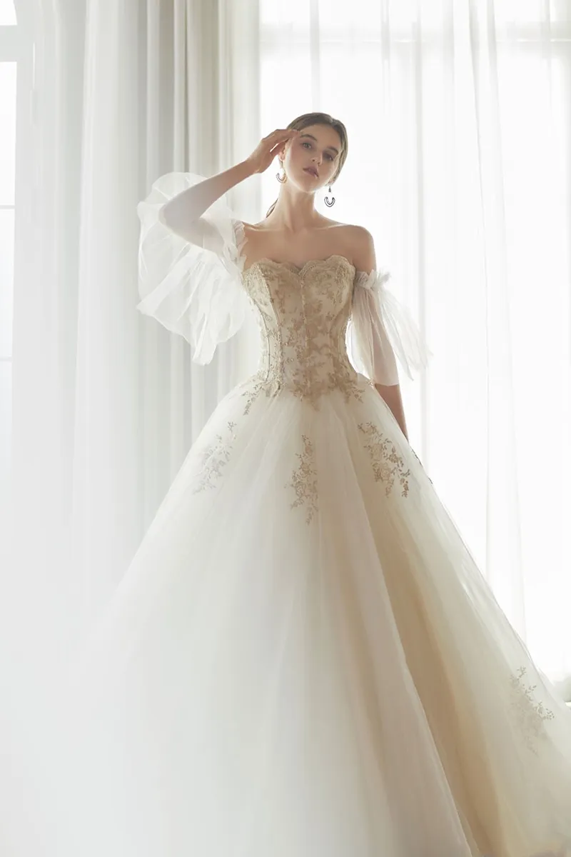 slim fit dress slacks Vintage Women Bride Dress Ivory and Gold Lace Ball Gown Wedding Dress –  Siaoryne main image 1