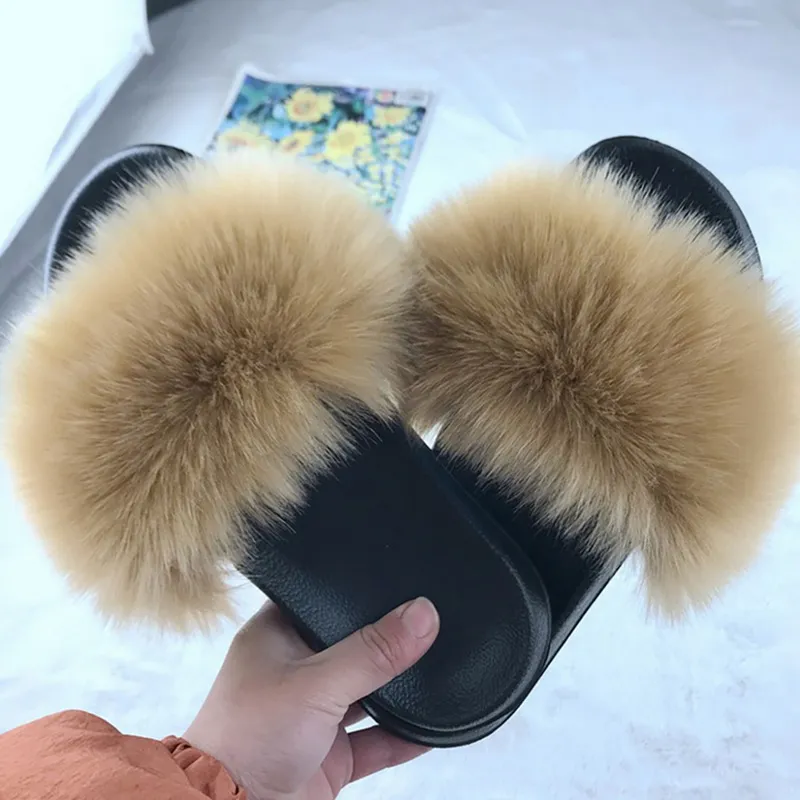 2021 Woman Furry Slippers Ladies Shoes Cute Plush Hair Fluffy Sandals Women's Fur Shoe Winter Warm Slipper Women