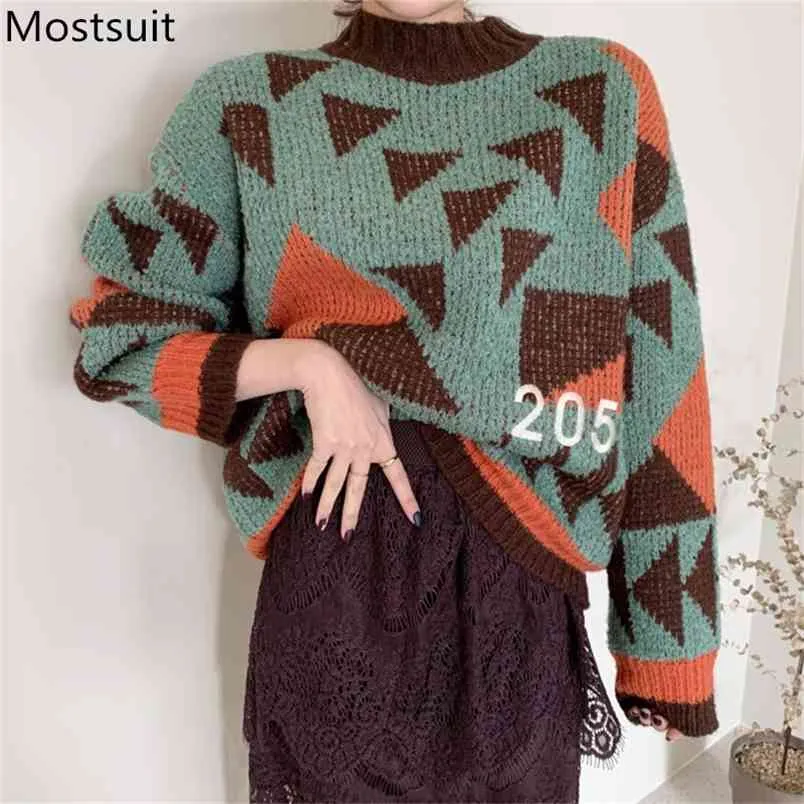 O-hals dikke warme gebreide jumper trui vrouwen winter lange mouw geometrische patroon Koreaanse mode vrouwelijke trui tops 210513