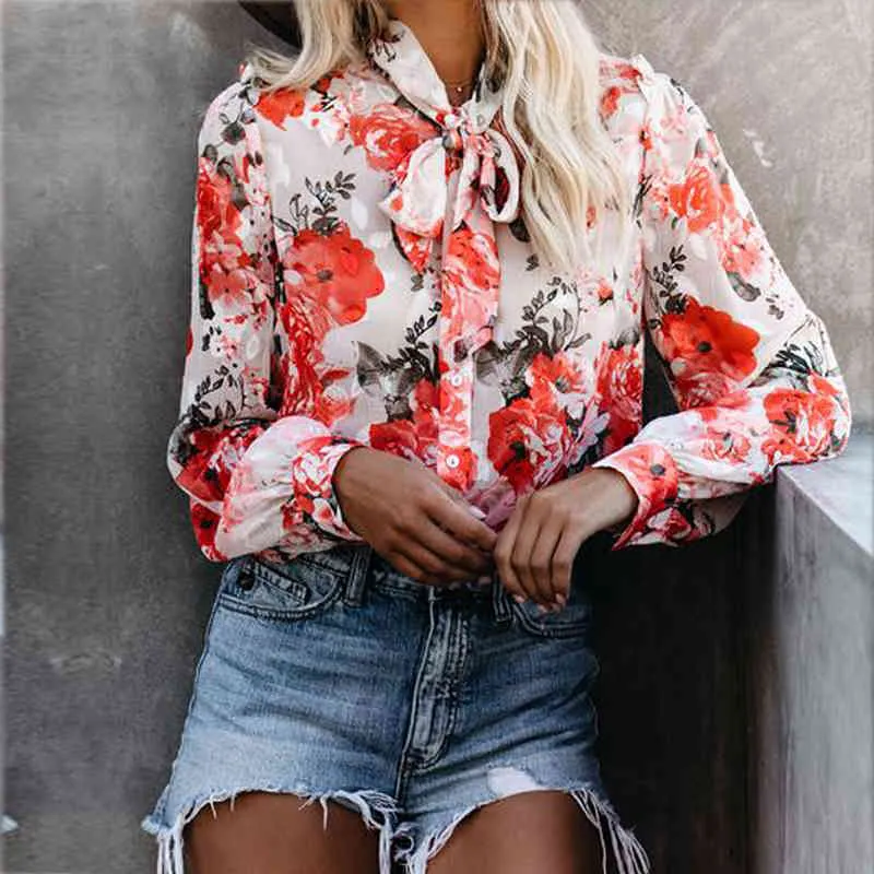 Explosão Modelos Blusas Moda Vermelho Flores Impressão Senhoras Camisa Top  Femme Neck De Manga Longa Camisas Casuais Blusa 210520 De $86,29