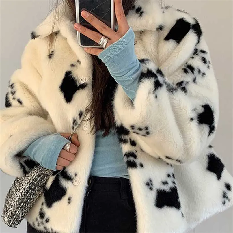 Lucyever Winter Black and White Faux Mink Fur Coat Women Short Turn-down Collar Thick Warm Overcoat Korean Sweet Plush Coats 211018