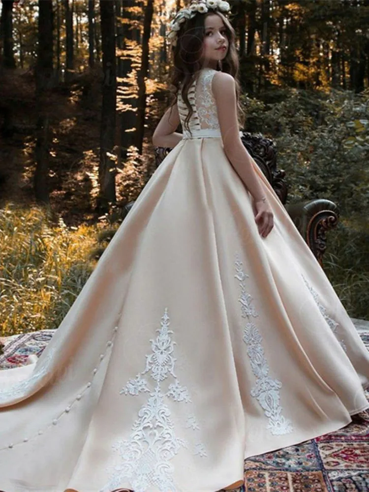 Blumenmädchenkleid mit Schleife, elegante Erstkommunion-Kleider, Juwelenhals, Spitze, offener Rücken, Satin, Baby-Festzug-Kleid für Mädchen 2021