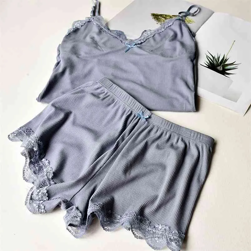 Twee stukken katoen pyjama set voor vrouwen sexy kant top en shorts pyjama sets spaghetti riem nachtkleding hoge elastische vrouw kleding 210830