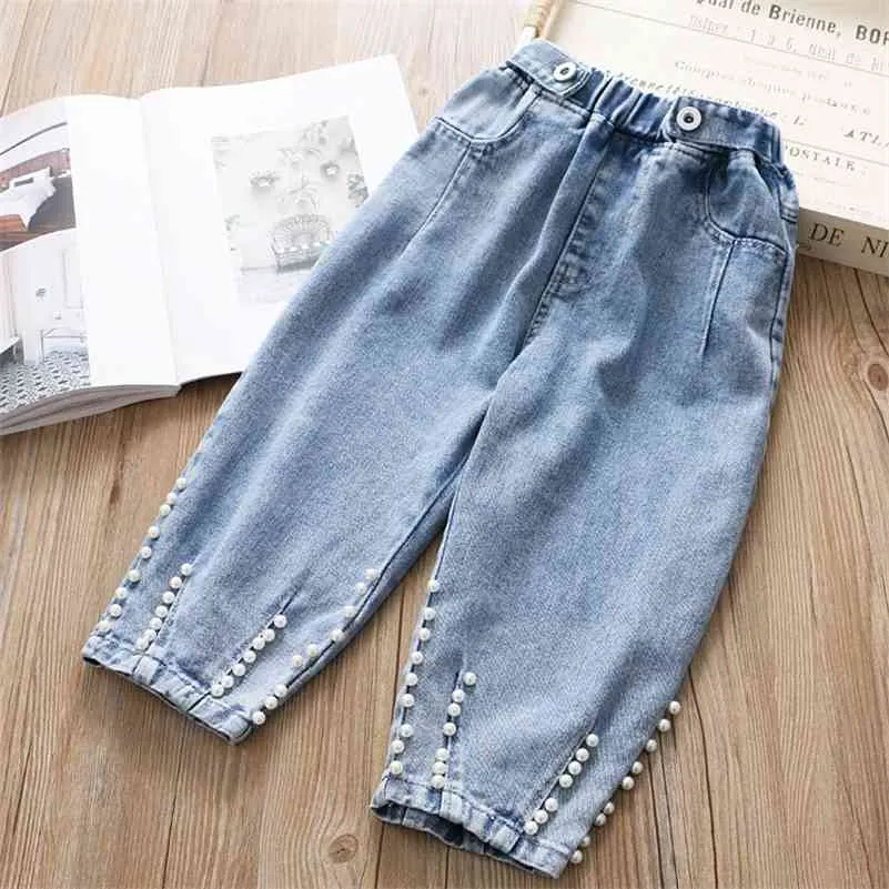 Babyinstar nya ankomst blå jeans för barn pärla design barn mode stil denim byxor toddler tjejer lösa byxor 210317