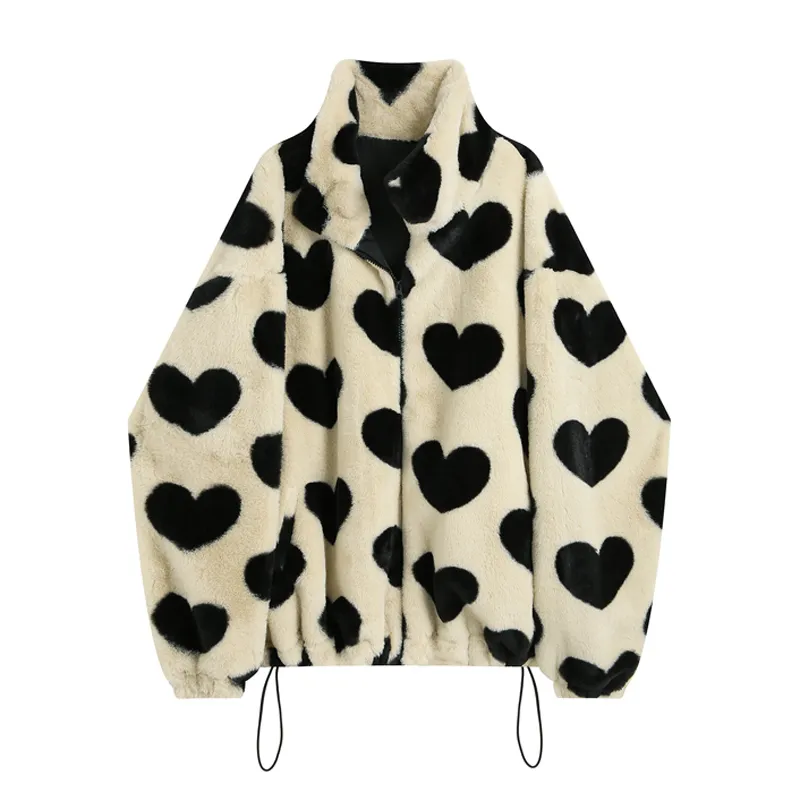 Damskie Beżowy Faux Fur Coat Button Outwear Ciepłe Grube Wykręć Kołnierz Pocket Heart C0534 210514