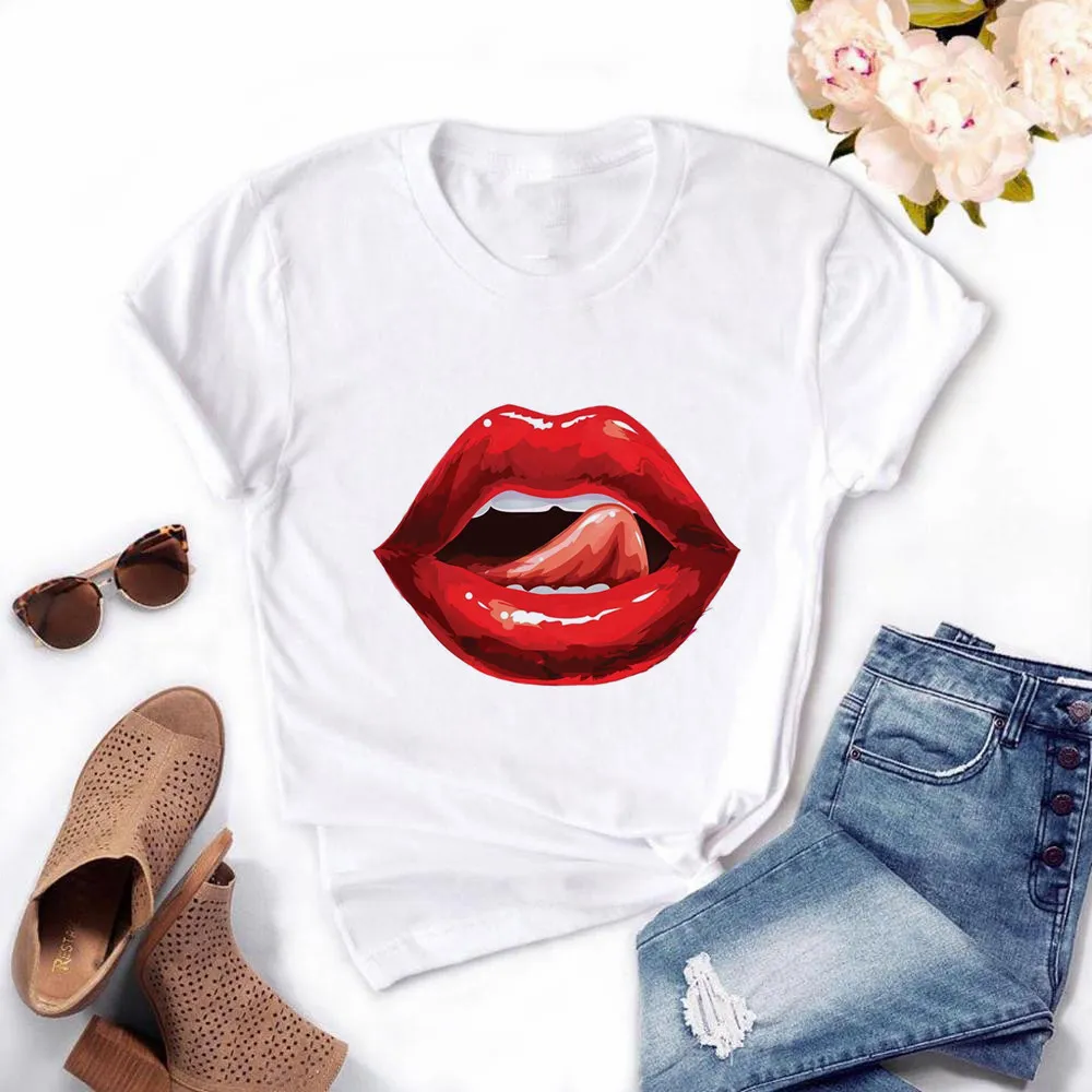 섹시한 입술 디자인 여름 티셔츠 셔츠 흰색 흰 여자 귀여운 짧은 슬리브 옷 옷 여자 입구 인쇄 티 크기 s-3xl 고품질