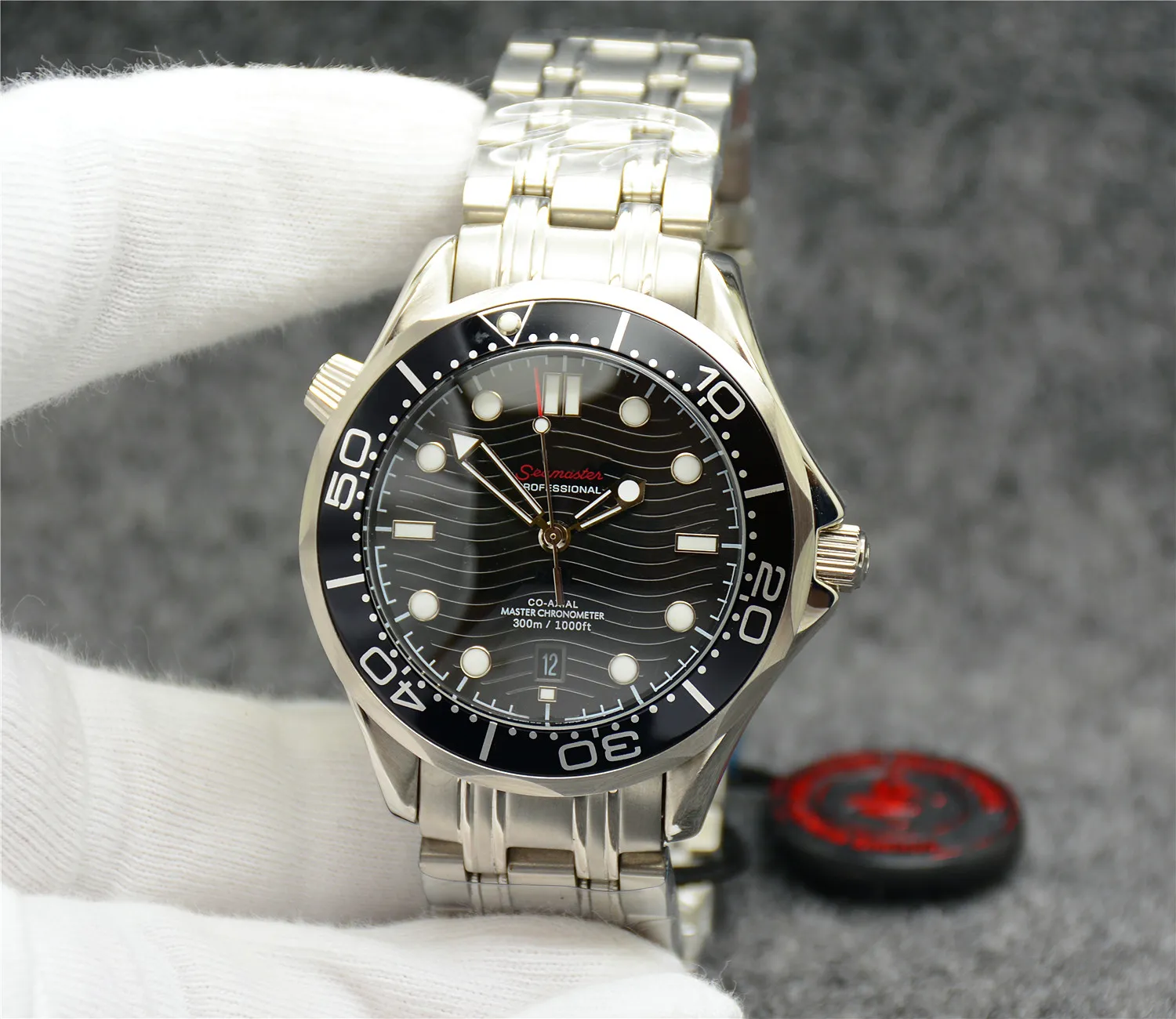 OM Relógio Mecânico Automático Masculino 42MM Relógio Preto Azul Mostrador Com Pulseira de Aço Inoxidável Rotativo Bezel288S