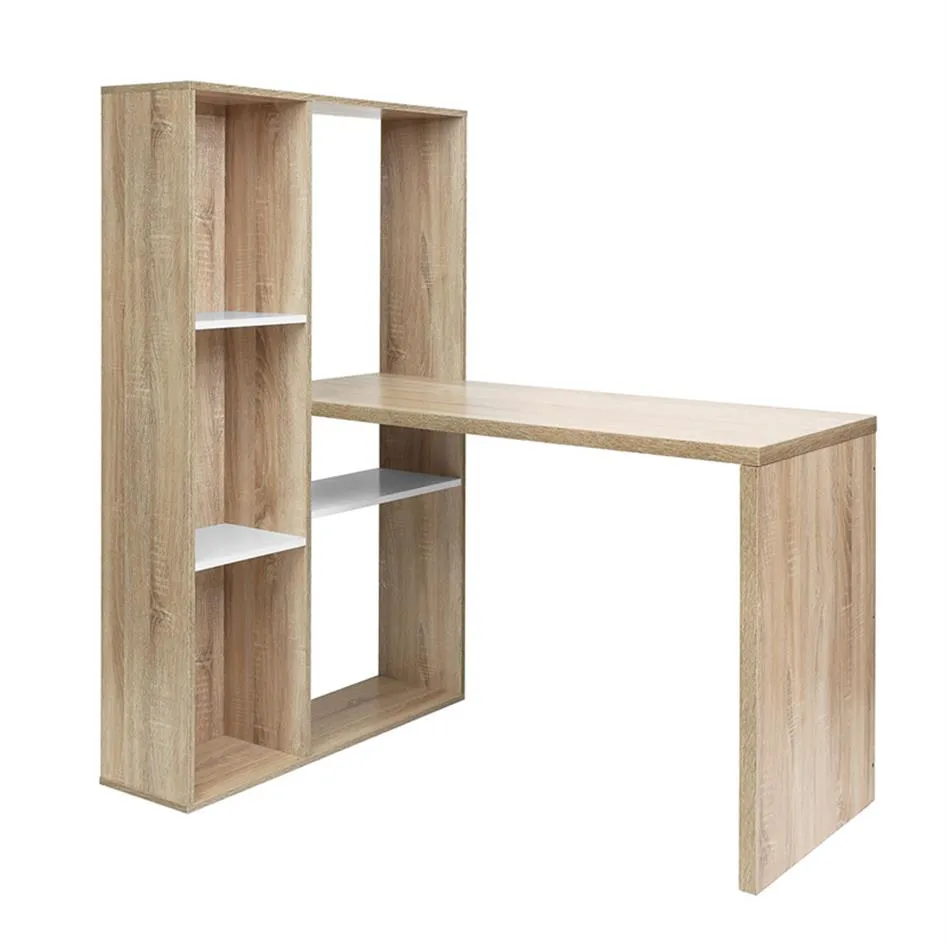 EE. UU. Muebles comerciales 2 en 1 escritorio de computadora / escritorio de forma de l con estanterías de madera de roble A22