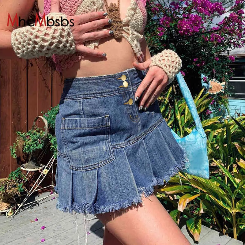 Frauen Sexy Falten Miniröcke Einreiher Burr Hohe Taille Paket Hüfte Denim Rock Sommer 90er Jahre Strand Urlaub Kleidung 210517