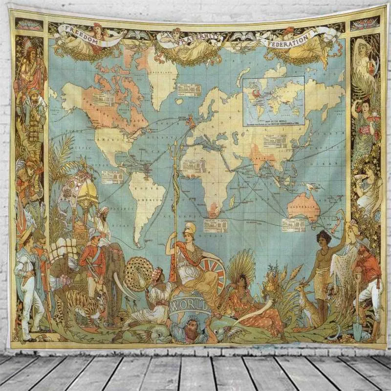 World Map Antique Decoration Tapestry Wall Hanging Tapestries For Home Deco Living Room Bedroom Wall 210609
