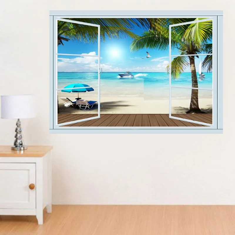 Väggklistermärken 3d Windows Beach Scenery Broken Effect för rumsdekaler One Piece Posters Kids Murals