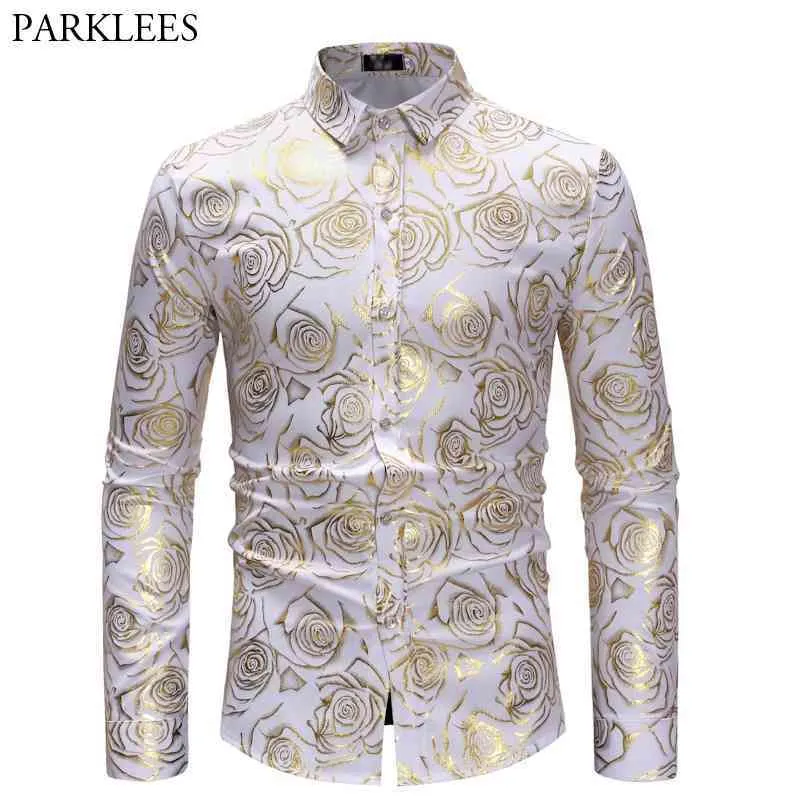 Shiny Gold Rose Print Biały Mężczyźni Koszula Z Długim Rękawem Slim Fit Floral Mens Sukienka Koszule Party Casual Prom Mężczyzna Społeczna koszula Camisas 210522