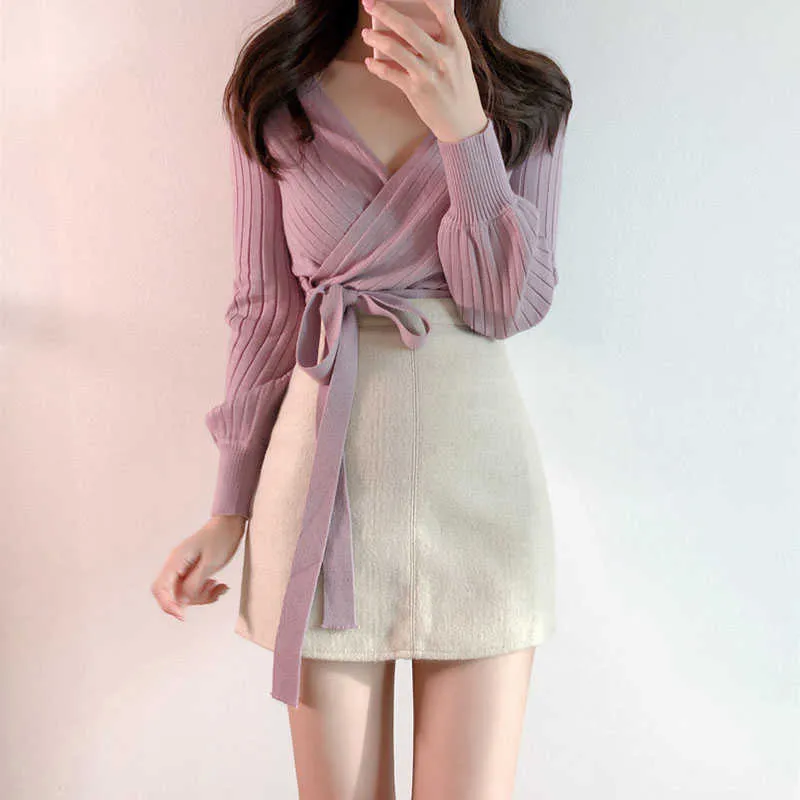 Lila mode lace-up slim ribbe kvinnor tröja koreansk stil kors v-hals bandage knit jumper topp våren 2021 ny ankomst x0721