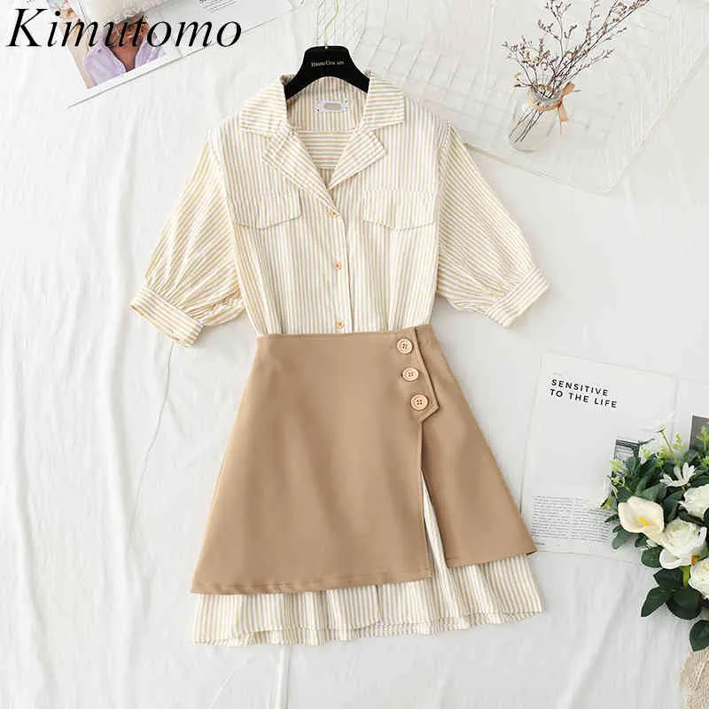 Kimutomo Chic Frauen Anzug Sommer Gestreiften Kurzarm Hemd Kleid Hepburn Stil Hohe Taille Rock Zweiteilige Elegante Sets 210521