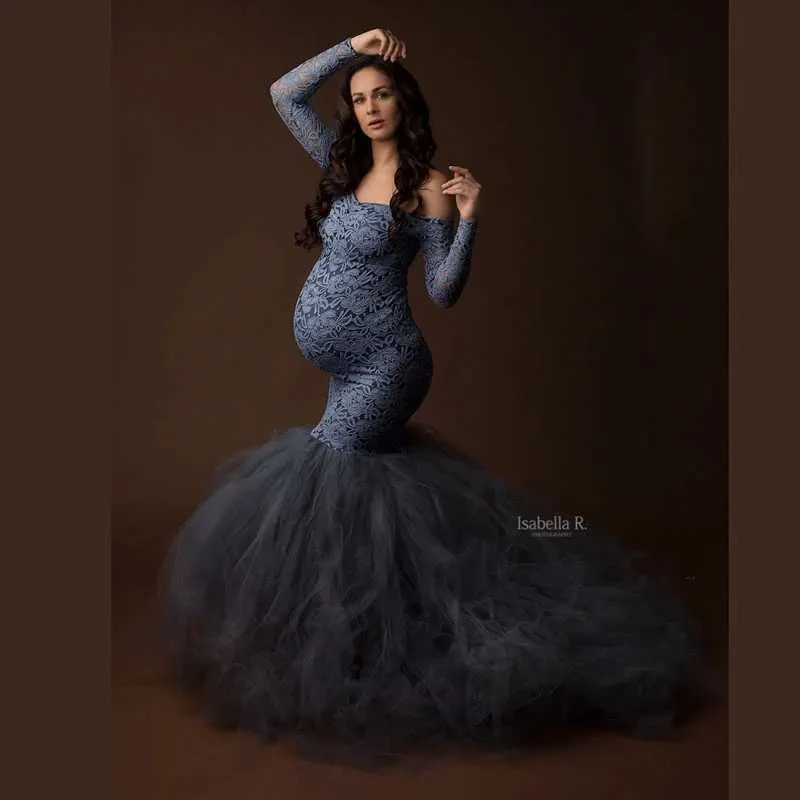 Sexig spets axelfri graviditetsklänning Fotografi Props Maxi Gown Splice Mesh Maternity Dresses for Photo Shoot Clothes X0902