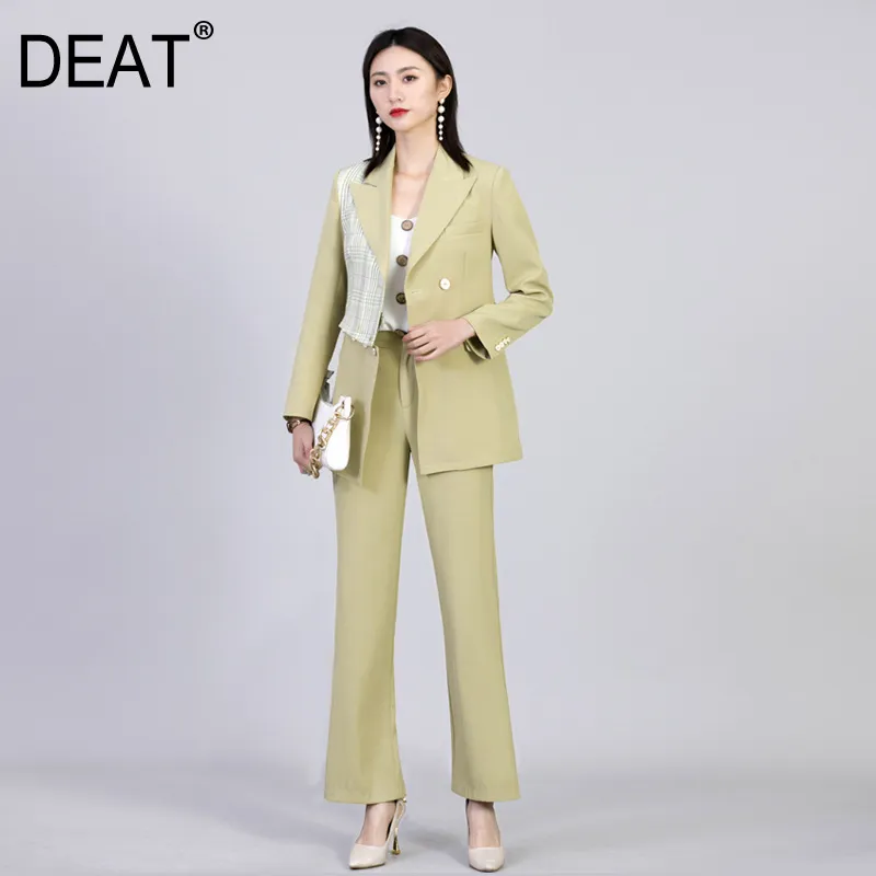 {DEAT} Wide Leg Pants Two Piece Suit Notched Neck Long Sleeve Black Loose Fit Women Fashion Tide Spring Autumn GX162 210421