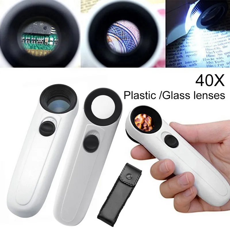 Lupa de microscópio handheld de 40x de 40x com 2 lâmpadas LED Light UV Lupa Acrílico Lens Loop Loop
