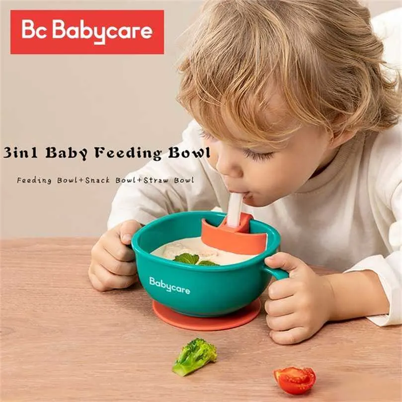 BC Babycare 3in1 Babyvoeding / Snack / Soepkom met Straw Zuigeling Leren Schotels Zuighandvat Servies Petal Snack 211026