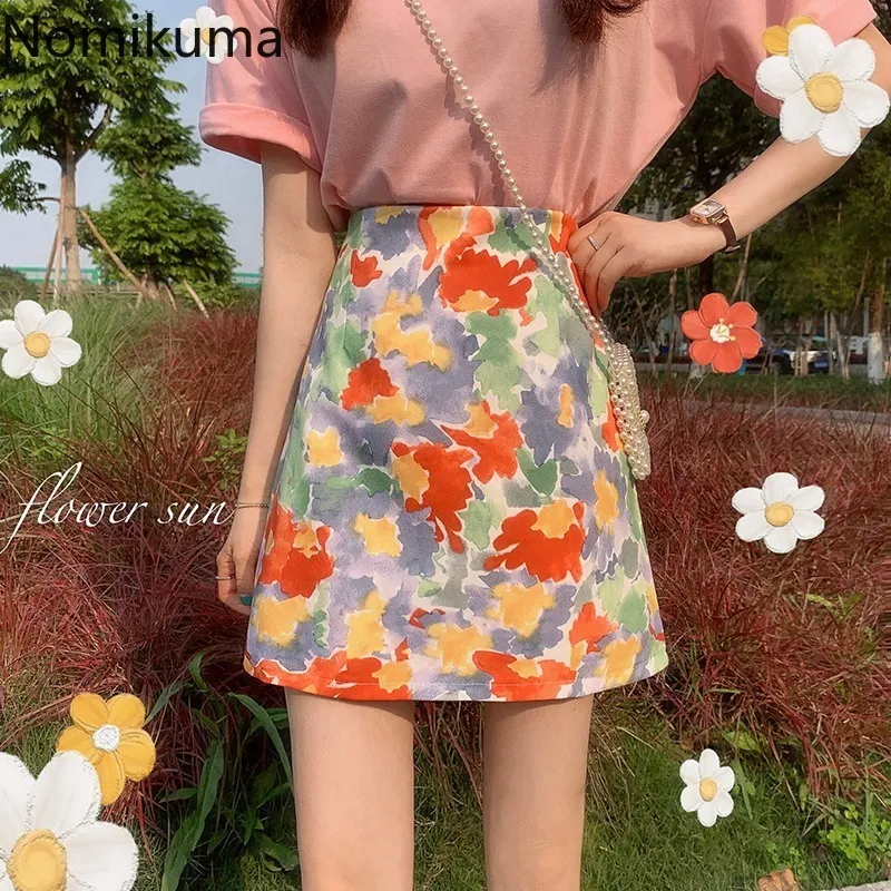 Nomikuma verão jupe femme estilo coreano cintura alta saia flor impressão a linha mini saias moda fashas mujer 210514