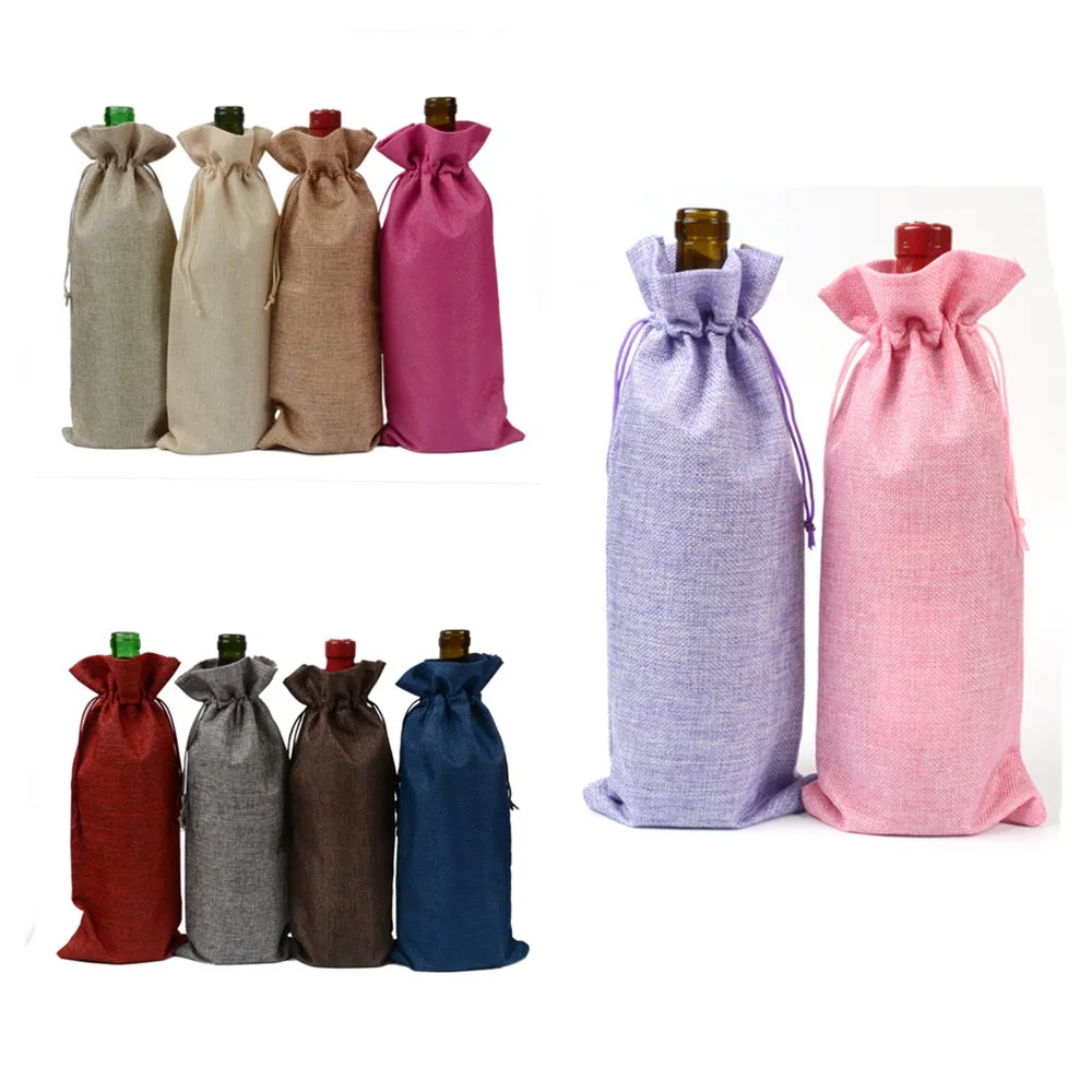 Wine Bottle Bags Champagne Wine Bottle Covers Gift Pouch burlap Packaging bag Wedding Party Decoration Wine Bags Drawstring cover