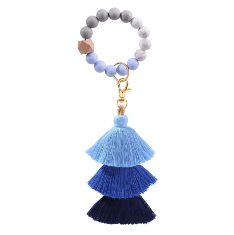 Beaded Keychain Party Favor Leather tassel wood bead key-chain Beads tring Key Ring Chain Silicone Women Wrist Strap Bracelet DD563