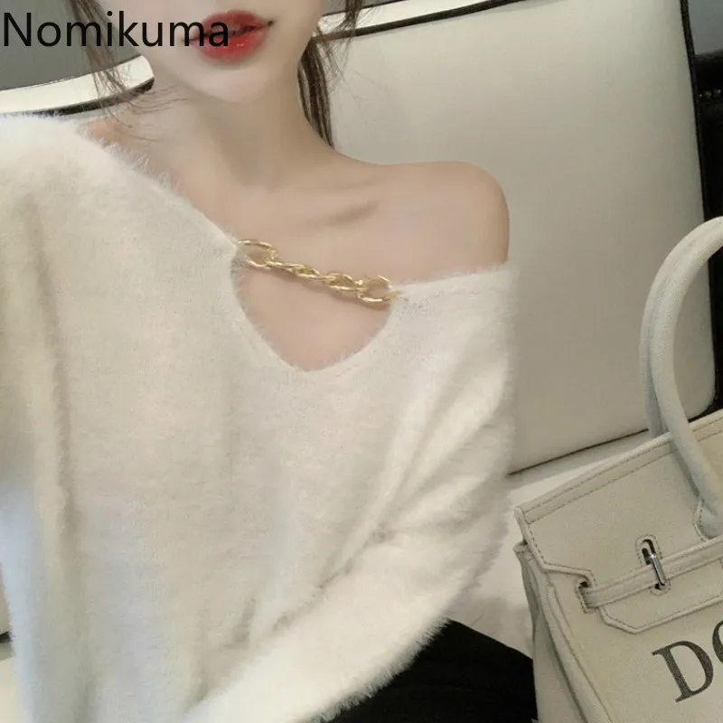 Nomikuma Koreaanse stijl trui v-hals ketting ontwerp lange mouw trui vrouwen effen kleur mode tops jumpers dames 3D339 210514