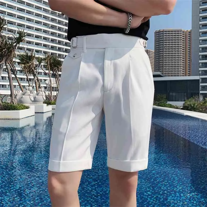 Britse stijl zomer slim fit pak shorts mannen kleding eenvoudige knielengte casual rechte korte homme formele slijtage 210713