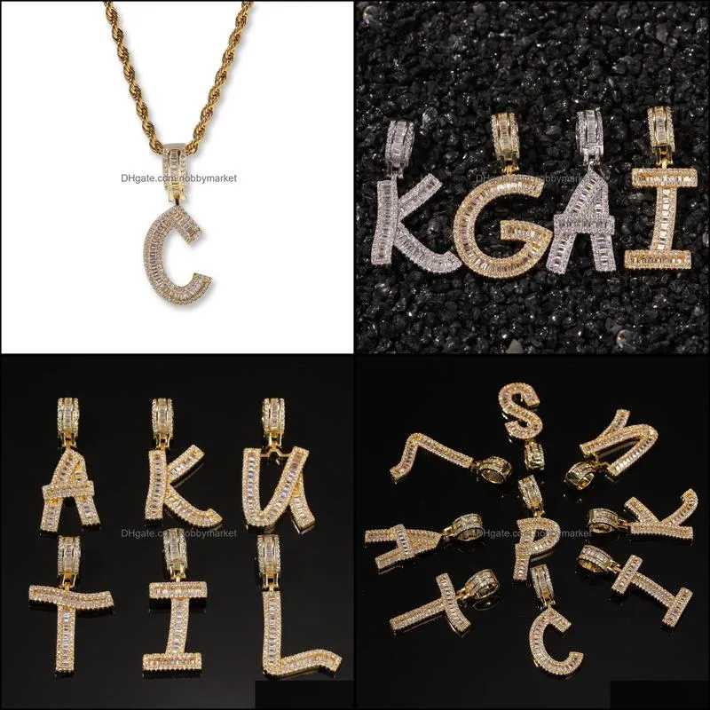 Hip Hop Micro Paved Square CZ Cubic Zirconia Bling Iced Out Letter Pendants Necklace for Men Rapper Jewelry Gold Silver Necklace