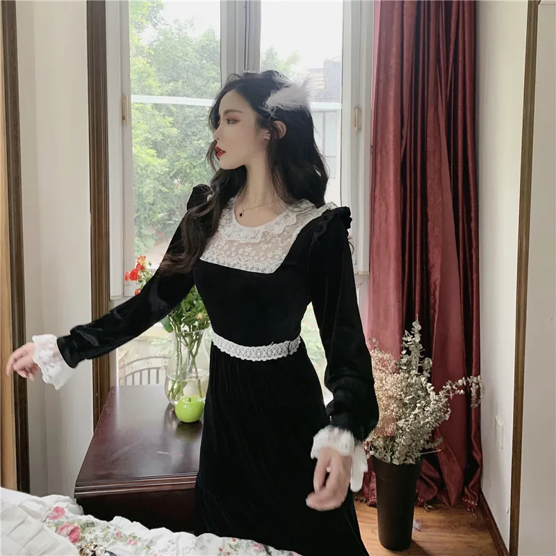 Vintage Womens Lace Velvet Patchwork Dress Black Long Sleeve Mid-Calf  Zipper Closure from Dhgate Basic & Casual Dresses - price 50.91