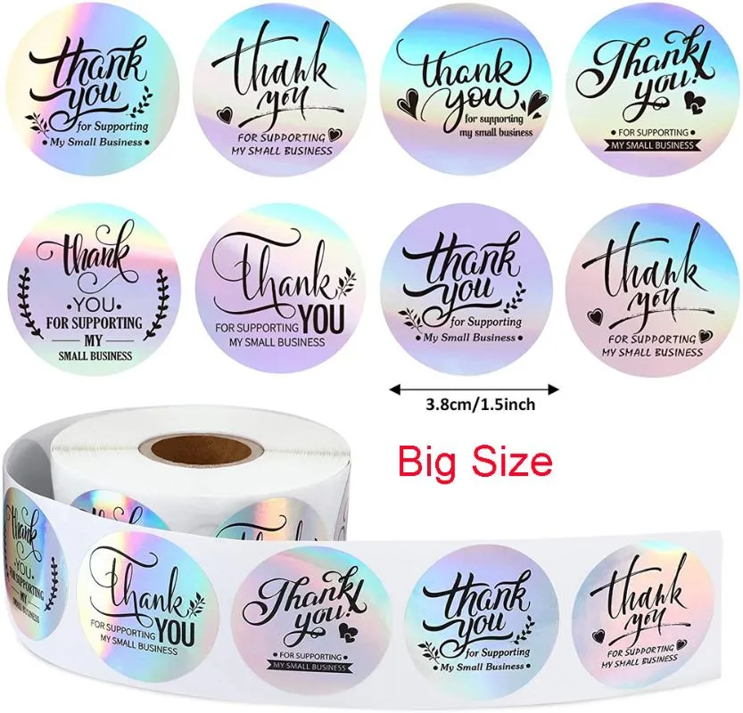 Gift Wrap Holographic Thank You Stickers Big Size For Supporting My Small Business Rainbow Roll Adhesive