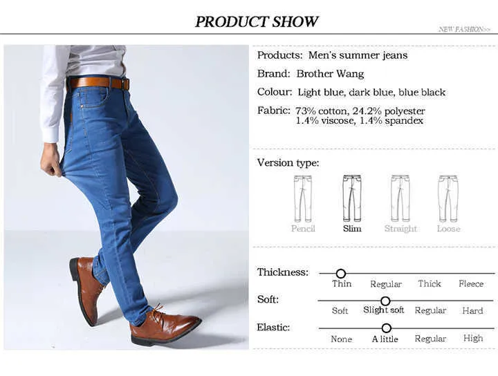 Brother Wang Mens Classic Style Stretch Slim Denim Pants Business