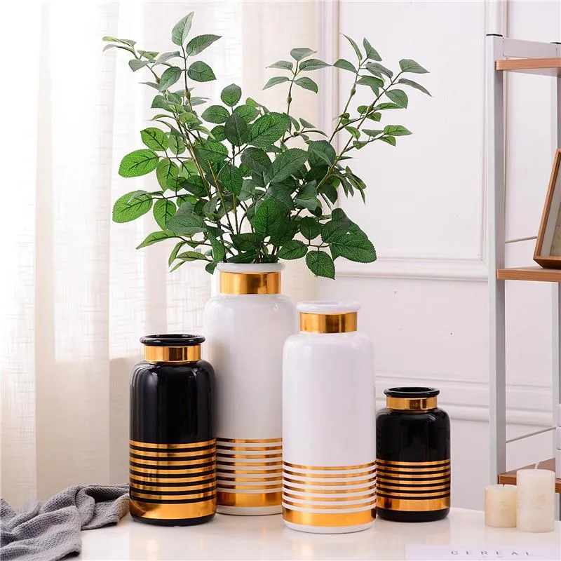 Vasen Schwarz Weiß Keramikvase Golden Line Design Blumenwasser Pflanzbehälter Home Dekorativ R711