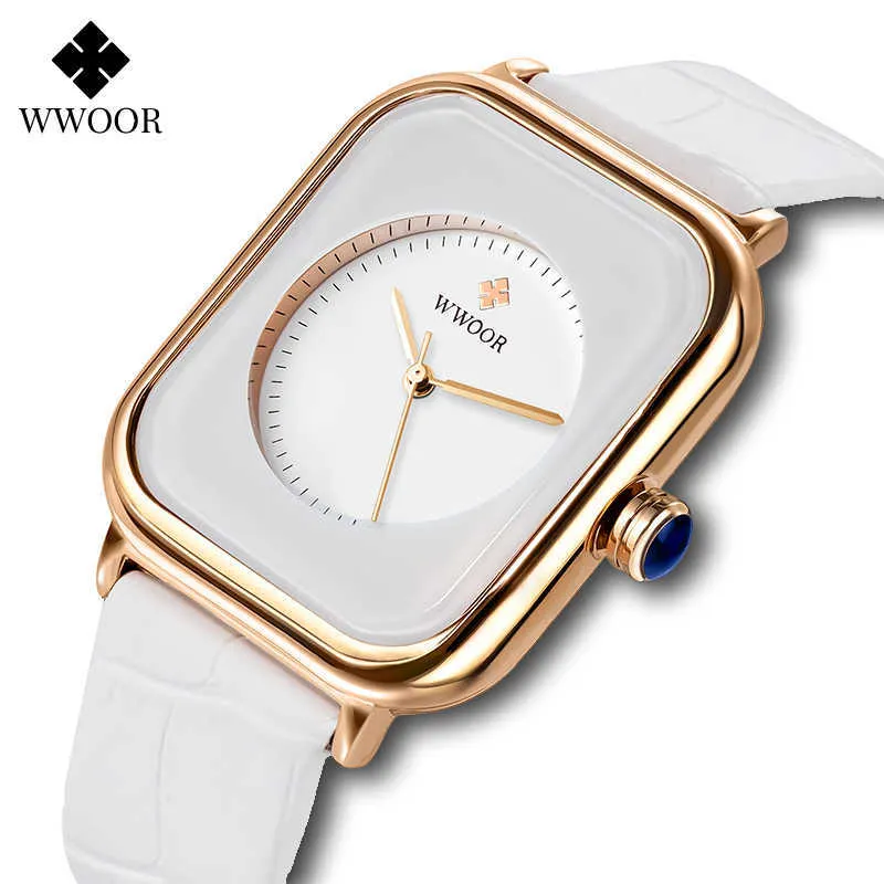 Wwoor Luxury Ladies Klockor Topp Märke Fashion Square Casual Läder Vit Kvinnor Klänning Armbandsur Reloj Mujer Zegareek Damski 210527