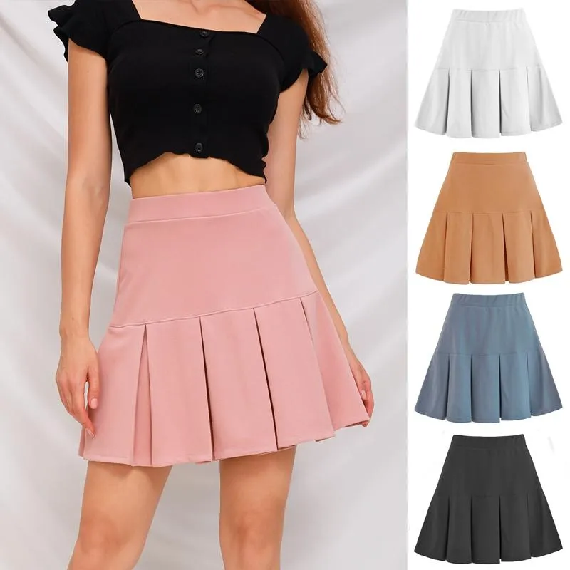 Skirts 2021 Fashion Autumn Winter Women Skirt Elastic High Waist Pleated Plus Size Sweet Solid School Mini Pink Black