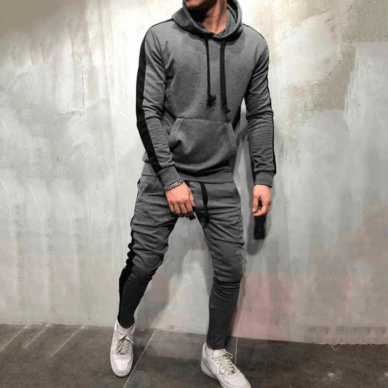 Trainingsanzug Männer 2 Stück Sets 2021 Marke Herbst Winter Mit Kapuze Sweatshirt + Kordelzug Hosen Männlichen Streifen Patchwork Hoodies Y0310