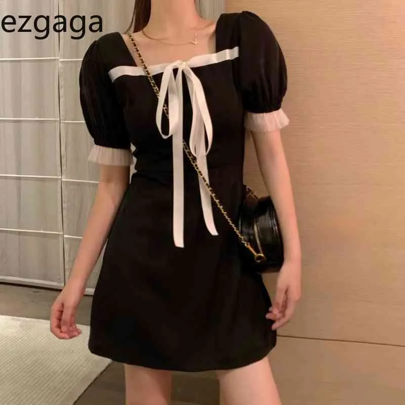 Ezgaga Ribbon Bow Korean Fashion Dress Kvinnor Puff Kortärmad Sommar A-Line Sweet Mesh Stitching Temperament Klänningar Chic 210430