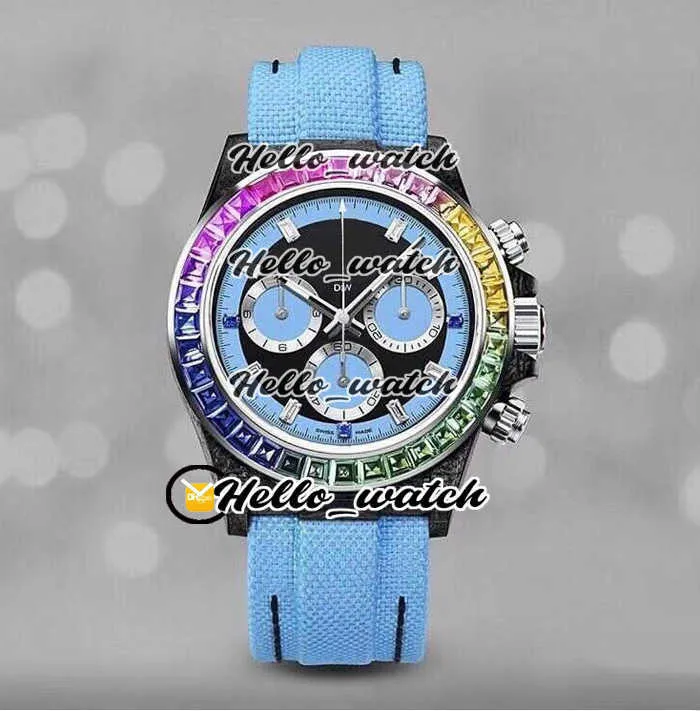 Projektant Zegarki 116595 Kwarcowy Chronograph Watch Watch Niebieski Wewnętrzny DIW Czarny Korowany Carbon Case Rainbow Diament Bezel Blue Nylon Leather HWRX Zniżka