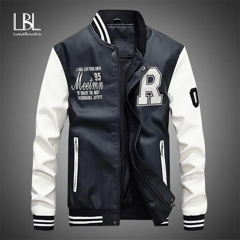 Männer Lederjacke Marke Stickerei Baseball PU S Männlich Casual Luxus Winter Warme Fleece Pilot Bomber Mantel 211110