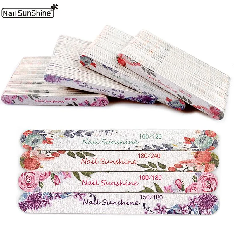 Trä slipning naglar fil 100pcs sandpapper nagelbuffertfiler 100/120/150/180/240 tjock pinne dubbelsidig utskrift blomma