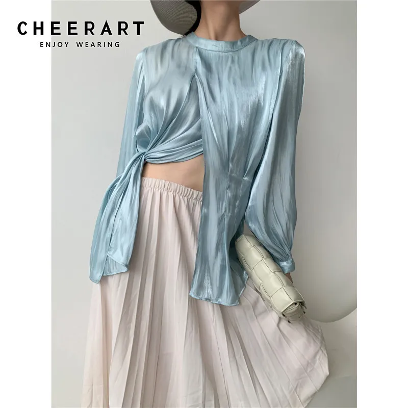 Korean Glitter Aqua Blue Satin Long Sleeve Blouse With Ruched Top And Asymmetrical Design For Women Fashionable 32 Degrees Clothing 210427 From Bai01 21.68 DHgate.Com