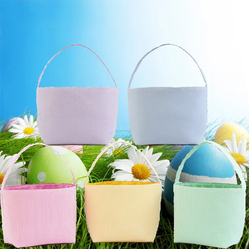 Gepersonaliseerde Seersucker Gestreepte Mand Feestelijke Pasen Candy Gift Bag Easters Eggs Bucket Outdoor Tote Bag Festival Home Decor