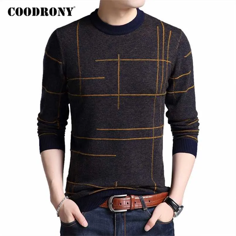 Coodrony Marka sweter Mężczyźni Wiosna Jesień O-Neck Pull Homme Wełniany Wełny Pulower Mężczyźni Paski Knitwear Męskie Swetry Koszulki C1048 211006