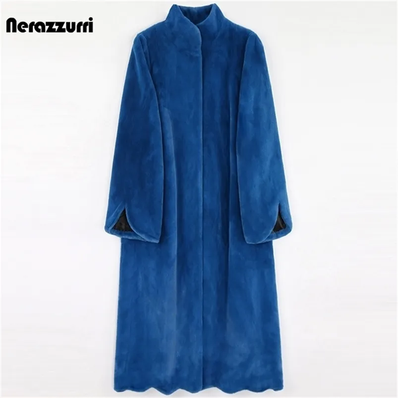 Nerazzurri winter lange blauwe warme dikke pluizige faux bontjas vrouwen scallop zoom een ​​lijn zwart Koreaanse mode bovenkleding 5XL 6XL 7XL 211122