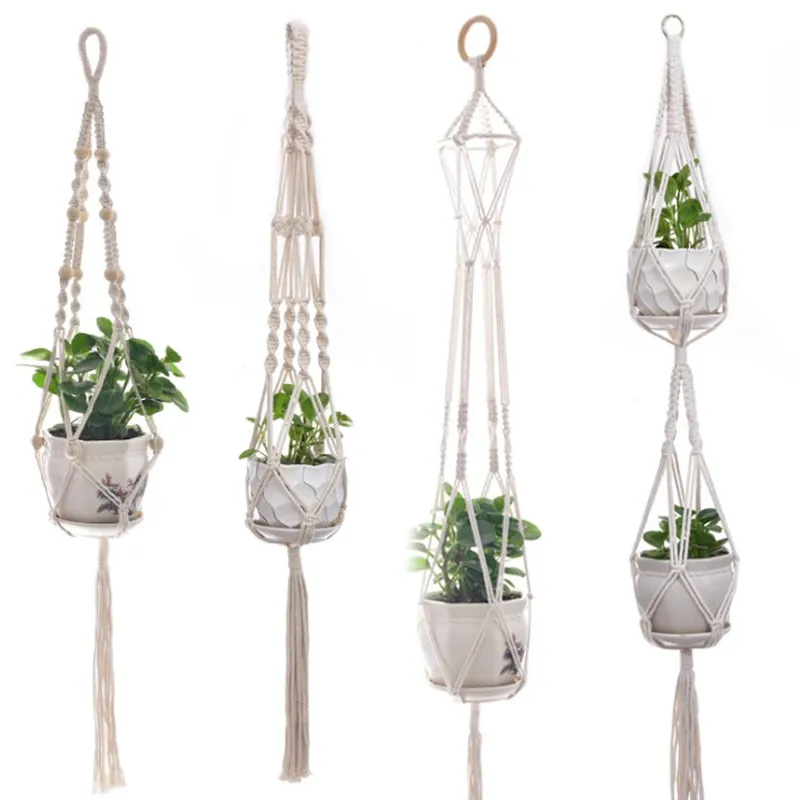 Paniers suspendus Plantes de bois de fleur support Pot macrame Hangage de plante Planter panier de jute corde tressée artisanat vintage décor