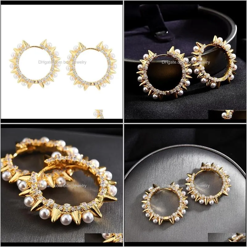 fashion punk pearl hoop earrings micro zircon gold color rivets steampunk earring for women aretes de mujer dff0529