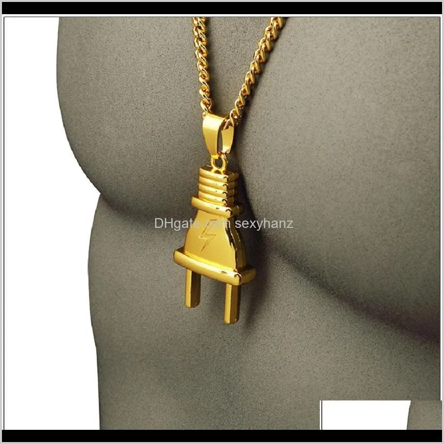Mens Hip Hop Gold Jewelry Necklace Plug Pendant Charm Women Gifts Fashion Stainless Steel 75cm Long Chain Fashion Punk Pendants