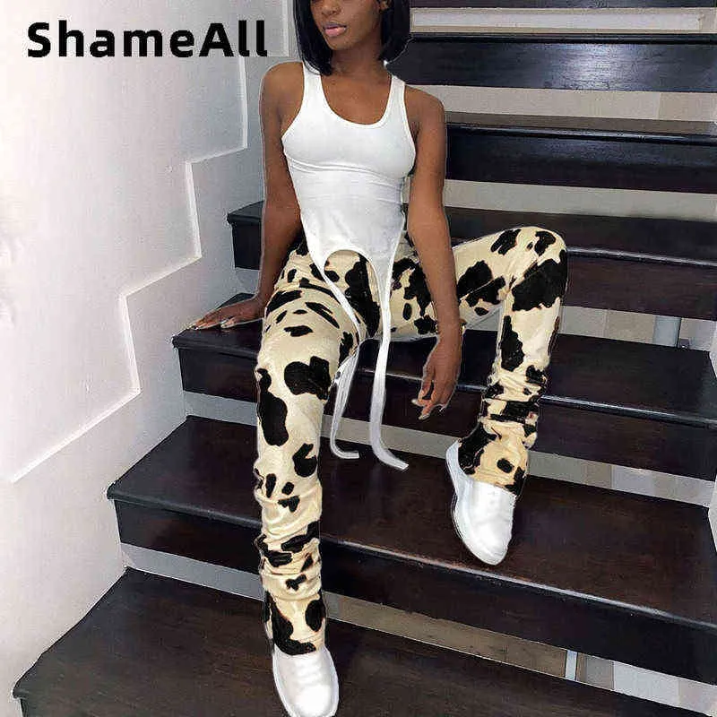 Stacked Leggings Cow Leopard Printed Joggers High Waist Sweatpants Women Ruched Pants Stretchy Jogging Femme Autumn Trousers Y211115