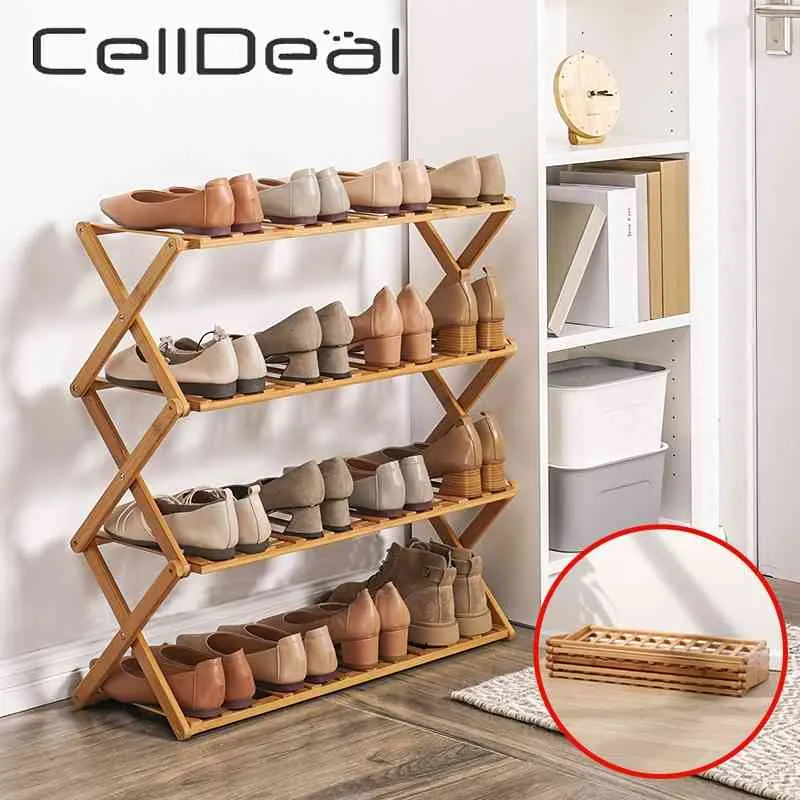 CELLDEAL 3/4/5/6 Lagen Bamboe Schoenenkasten Opvouwbare Schoenenrek Plank Home Organizer Houder Schoenen Opslag Rack Schoen Plank 210609